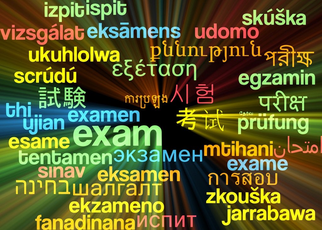 Exam multilanguage wordcloud background concept glowing
